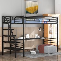 Metal Loft Bed With Desk, Twin Size Loft Bed Frame With Integrated Ladder/Full-Length Guardrails/Secured Metal Slats, Bedroom Guest Room Furniture
