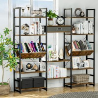 Numenn Triple Wide 5 Tier Bookshelf, Adjustable Rustic Industrial Style Book Shelves, Modern Bookcases And Bookshelves Furniture For Bedroom, Living Room And Home Office, Vintage Brown
