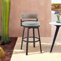 Armen Living Encinitas Outdoor Patio Counter Height Swivel Bar Stool In Aluminum And Wicker With Grey Cushions