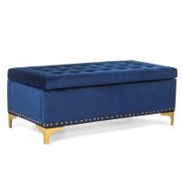 Velvet Storage Ottoman Bench Rectangular Footrest Stool With Metal Legs Assemble Required (Z- Navy Blue)