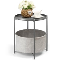 Danpinera Round Side Table With Fabric Storage Basket, Metal Side Table Small Bedside Table Nightstand With Removable Tray Top For Living Room, Bedroom, Nursery, Laundry, Gray