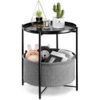 Danpinera Round Side Table With Fabric Storage Basket, Metal Small Bedside Table Nightstand With Removable Tray Top For Living Room, Bedroom, Nursery, Laundry, Black