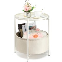 Danpinera Round Side Table With Fabric Storage Basket, Metal Small Bedside Nightstand Removable Tray Top For Living Room, Bedroom, Nursery, Laundry, White