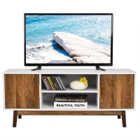 Harmony-Furniture Wooden Tv Stand Media Console Table For Tvs Up To 65 Inch Media Entertainment Center W 2 Storage Cabinets & 2 Shelves Farmhouse Tv Stand For Living Room Bedroom White & Brown