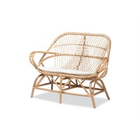 Baxton Studio Jayden Modern Bohemian White Fabric And Brown Rattan Loveseat