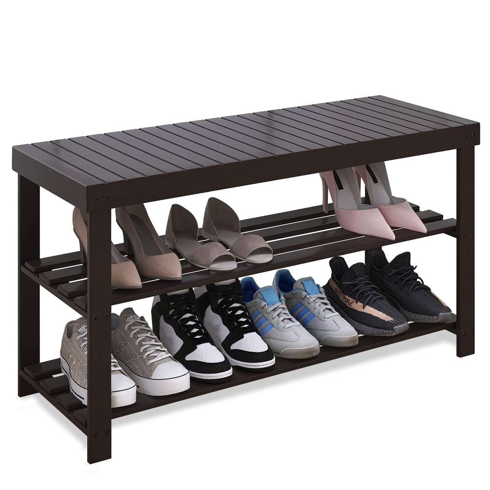 Smibuy Sturdy Bamboo Shoe Rack Bench, 3-Tier Shoe Organizer, Storage Shelf For Entryway Hallway Bathroom Living Room (Dark Brown)