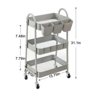 Danpinera 3-Tier Rolling Cart, Metal Rolling Storage Cart With Lockable Wheels & Hanging Cups & Hooks, Mobile Trolley Cart For Kitchen, Bathroom, Office, Workshop, Gray