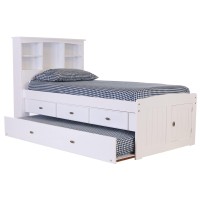 Os Home And Office Furniture Model 80220K3-22 Solid Pine Twin Captains Bookcase Bed With 3 Spacious Under Bed Drawers And A Twin Sized Trundle In Casual White