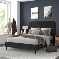 Addison Charcoal Queen Fabric Upholstered Platform Bed - Headboard With Rounded Edges - No Box Spring Or Foundation Needed