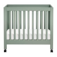Babyletto Origami Mini Portable Crib Folding With Wheels In Light Sage, 2 Adjustable Mattress Positions, Greenguard Gold Certified