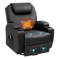 Yeshomy Swivel Rocker Recliner With Massage And Heating Functions, Sofa Chair With Remote Control And Two Cup Holders, Suitable For Living Room, Pu Leather Dark Black