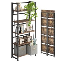 4Nm No-Assembly Folding Bookshelf Storage Shelves 5 Tiers Vintage Bookcase Standing Racks Study Organizer Home Office (Rustic Brown And Black)