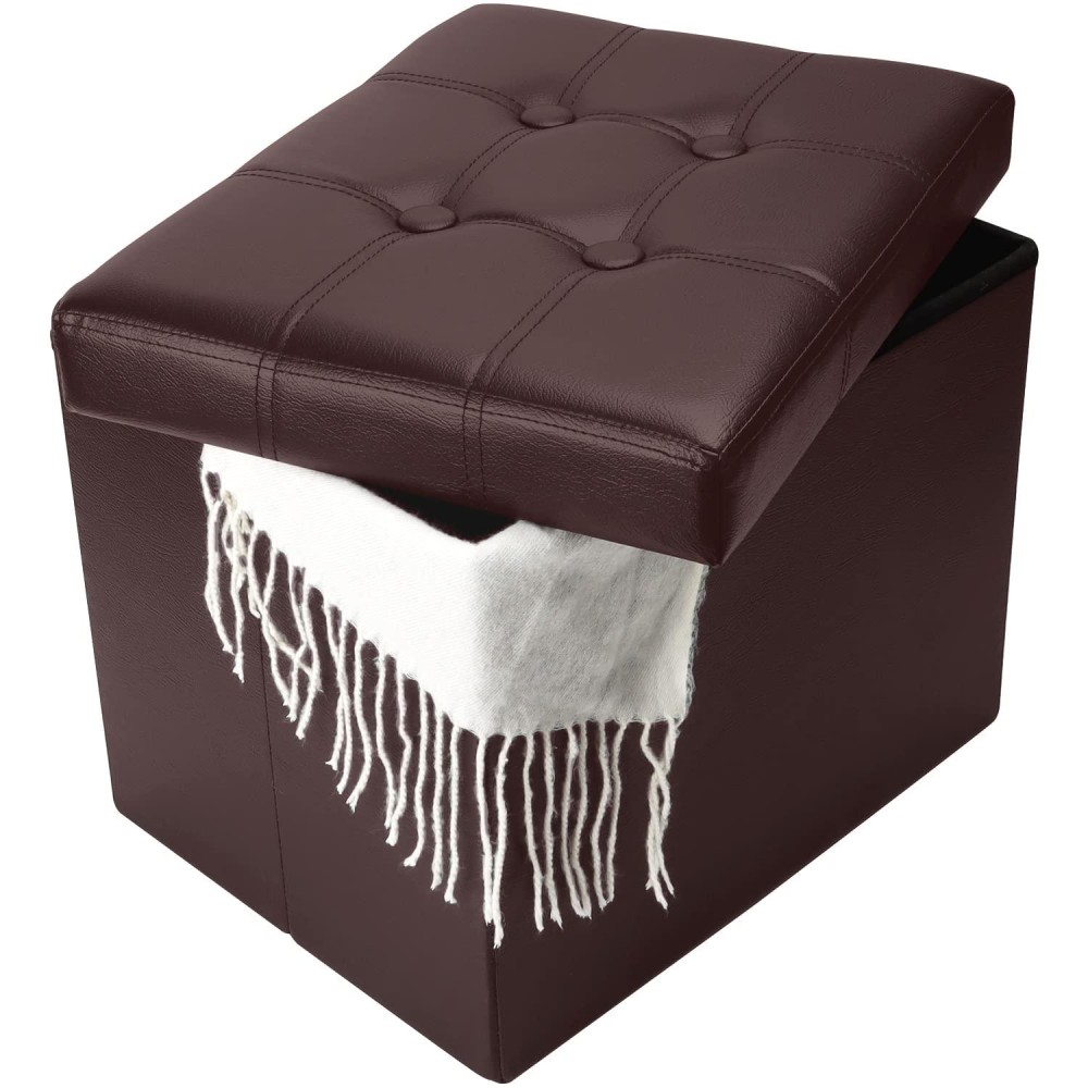 Bsketa Storage Ottoman, Folding Foot Stool With Thicker Foam Padded Seat Small Leather Storage Ottoman Bench Foot Rest For Living Room Foldable Coffee Table 17X13X13In,Brown