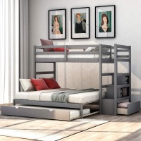 Twin Over Twin/King Bunk Bed With Twin Size Trundle/Storage Staircase/Drawer, Soild Wood Stairway Bunk Bed With Side Storage Shelves, Accommodate 4 People, No Box Spring Needed (Gray+Cb)