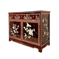 40 French Red Lacquer Oriental Buffet With Mother Of Pearl Bird And Flower Artwork By Oriental Furniture Warehouse