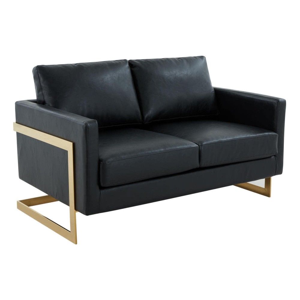 Leisuremod Lincoln Modern Mid-Century Upholstered Leather Loveseat With Gold Frame, White