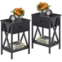 Vecelo Night Stand, Modern End Side Table With Storage Space And Drawer, X-Design Nightstands For Living Room, Bedroom, Lounge, Office, Set Of 2, Blk