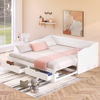 Merax Twin Size Daybed, Wooden Daybed With Trundle Bed And Two Storage Drawers, Extendable Bed Daybed, Sofa Bed With Two Drawers, Wood Daybed Twin Size, White