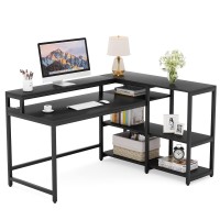 Tribesigns Reversible L Shaped Computer Desk With Storage Shelf, Industrial 55 Inch Corner Desk With Shelves And Monitor Stand, Study Writing Table For Home Office (Black)