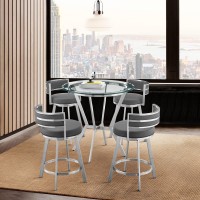 Armen Living Naomi And Roman 5-Piece Counter Height Dining Set In Brushed Stainless Steel And Grey Faux Leather