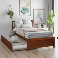 Merax Twin Platform Bed With Trundle, Solid Wood Bedframe With Headboard, Footboard For Teens Boys Girls, No Box Spring Needed, Walnut