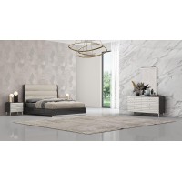 Whiteline Modern Living Grey Pino Bed, High Gloss Dark Angley, Upholstered Panels In Headboard In Light Faux Leather, Stainless Steel Legs, King (U.S. Standard)