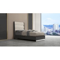 Whiteline Modern Living Grey Pino Bed, High Gloss Dark Angley, Upholstered Panels In Headboard In Light Faux Leather, Stainless Steel Legs, Twin