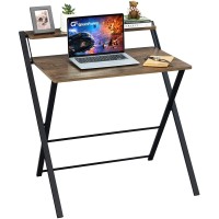 Greenforest Small Folding Desk No Assembly Required, Fully Unfold 27.3 X 22 Inch 2-Tier Computer Desk With Shelf Space Saving Foldable Table For Small Spaces, Brown