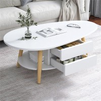 Yxdfg Oval Wooden Coffee Table,2 Layer Fashion Coffee Tables,With Open Shelving For Storage And Display 2 Drawers,For Living Room Modern Design Home Furniture,White B,90A50A42Cm