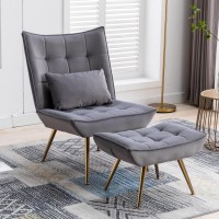 Wahson Velvet Lounge Chair Relax Chair With Ottoman, Elegant Golden Legs Armchair For Home/Living Room/Bedroom (Grey)