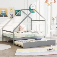 Merax Full Size Wooden House Bed With Twin Size Trundle, Space-Saving Trundle Daybed For Kids, Bedroom, No Spring Box Needed, Grey