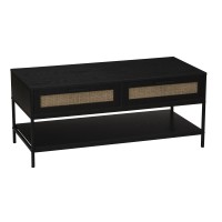 Household Essentials Bungalow Rectangular Coffee Table With Storage Shelf And 2 Drawers Black Oak Wood Grain Woven Front And Black Metal