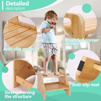 Ambird Wooden Step Stool, Two Step Stools Toddler 400 Lbs Capacity With Safety Non-Slip Pads And Handles, Bamboo Step Stool For Bathroom, Kitchen Step Stools Dual Height Step Stools For Kids (Natural)