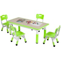 Arlopu Big Kids Study Table And 4 Chair Set, Height Adjustable Toddler Table And Chair Set For 4, Multifunctional Toddler Table, Reading, Drawing, Eating Interaction (Fruit Green, Long Table)