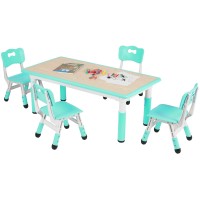Arlopu Big Kids Study Table And 4 Chair Set, Height Adjustable Toddler Table And Chair Set For 4, Multifunctional Toddler Table, Reading, Drawing, Eating Interaction (Light Green, Long Table)