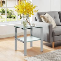 Lamerge Square End Tableside Table,Glass Tea Table,2 Tier Accent Table, Classic Sofa Side Table With Metal Frame,Corner Table For Living Room,Bedroom,Grey (Sget-G)