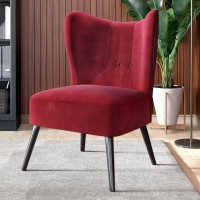 Belleze Modern Velvet Accent Chair, Wingback Small Upholstered Reading Chair With Solid Wood Legs, Comfy Tufted Button Armless Corner Chair For Living Room, Bedroom - Sheila (Red)
