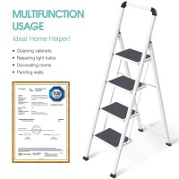 Toolf 4 Step Ladder With Handgrip, Folding Steel Step Stool With Anti-Slip Wide Pedal, Sturdy Step Ladder For Home, Office, Indoor Or Out Door, White