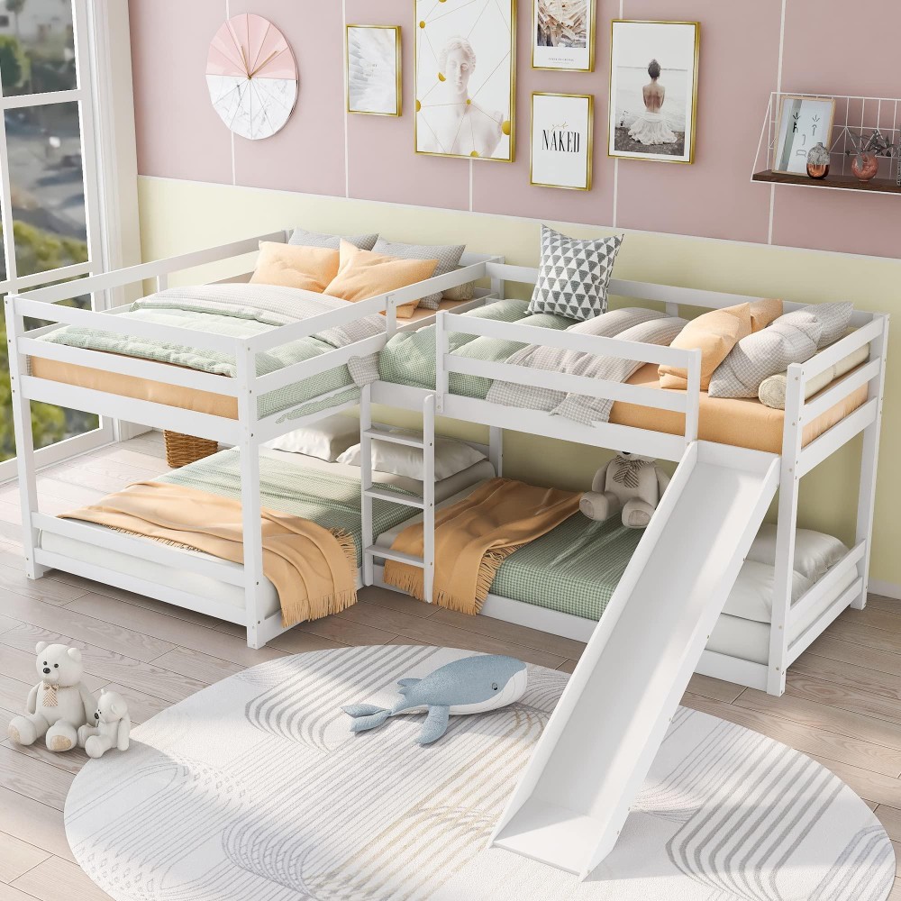 L-Shape Bunk Bed For 4, Quad Bunk Beds With Slide, Full Over Full Bunk Bed & Twin Over Twin Bunk Bed, Corner Bunk Beds For Kids Boys Girls Teens (4 Beds, White)