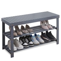 Smibuy Bamboo Shoe Rack Bench, 3-Tier Shoe Organizer Storage Shelf For Entryway Hallway Bathroom Living Room (Grey)