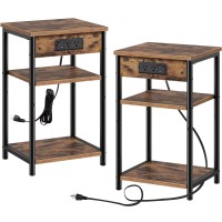 Rolanstar End Table With Charging Station, Set Of 2 Nightstand With 3 Storage Shelf, Narrow Side Table With Usb Ports & Power Outlets, Steel Frame For Living Room, Bedroom, Rustic Brown