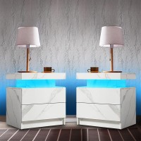 I-Aplus Nightstand Set Of 2 Led Nightstand With 2 Drawers, Bedside Table With Drawers For Bedroom Furniture, Side Bed Table With Led Light, White Marble