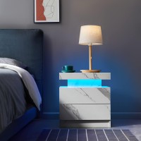 I-Aplus Nightstand Set Of 2 Led Nightstand With 2 Drawers, Bedside Table With Drawers For Bedroom Furniture, Side Bed Table With Led Light, White Marble