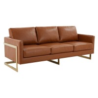 Leisuremod Lincoln Modern Mid-Century Upholstered Leather 83 Sofa With Gold Fram, Cognac Tan