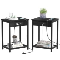Caduke Black Night Stand Set Of 2 Bedside Table With Charging Station Small End Table With Usb Ports And Power Outlets For Bedroom Living Room