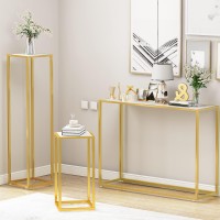 Awqm 3Pcs Gold Console Table For Living Room, Faux Marble Entryway Table Tall Gold End Table Side Table With Metal Frame,Vintage Sofa Table For Entryway Hallway,White Gold