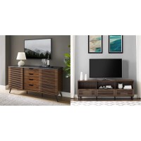 Walker Edison Cabinet Doors Dining Room Console, 59 Inch, Black And Dark Walnut & Walker Edison Modern Slatted Wood Tv Stand For Tv'S Up To 80 Universal Tv Stand, 70 Inch, Dark Walnut