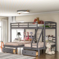 Merax 3-In-1 Full-Over-Twin & Twin Triple Bunk Bed With Two Pull-Out Drawers Table Shelf Guardrail And Ladder 99.4L Wooden Triple Bunk Bed Grey