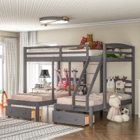 Merax 3-In-1 Full-Over-Twin & Twin Triple Bunk Bed With Two Pull-Out Drawers Shelf Table Guardrail And Ladder 99.4L Wooden Triple Bunk Bed Grey