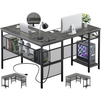 Unikito L Shaped Computer Desk With Usb Charging Port And Power Outlet, Reversible Corner Desk With Storage Shelves, Industrial 2 Person Long Gaming Table Modern Home Office Desk, Black Oak